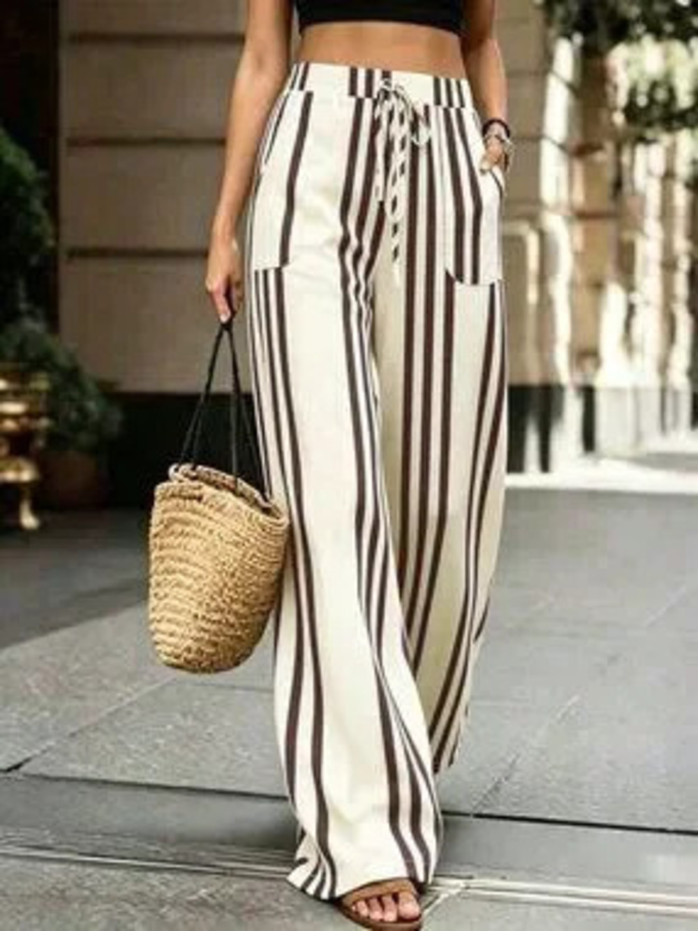 ZARA Brown Casual Women's Striped Wide Leg Trousers